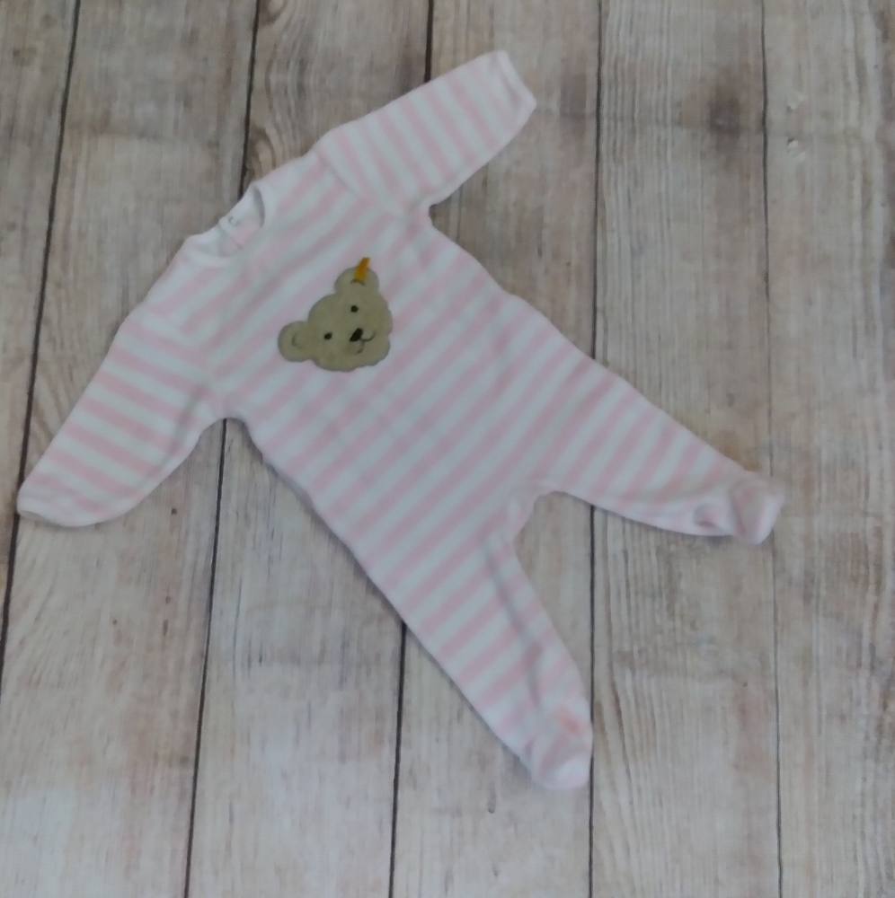 Steiff pink white striped velour footie sz 3 month